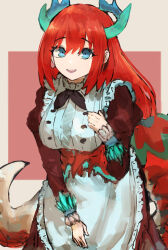 Rule 34 | 1girl, absurdres, adeshi (adeshi0693119), apron, blue eyes, breasts, dragon girl, dragon horns, dragon tail, dragon wings, duel monster, frilled apron, frills, hand on own chest, highres, horns, kitchen dragonmaid, long hair, long sleeves, looking at viewer, low-tied long hair, maid apron, open mouth, puffy long sleeves, puffy sleeves, red hair, simple background, smile, solo, tail, very long hair, white apron, wings, yu-gi-oh!