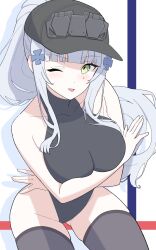1girl ;d absurdres arm_support arms_under_breasts bare_shoulders black_hat black_leotard breast_rest breasts covered_navel cross crossed_arms facepaint girls&#039;_frontline girls&#039;_frontline_2:_exilium green_eyes hair_ornament hairclip hat highres hk416_(girls&#039;_frontline) iron_cross klukai_(girls&#039;_frontline_2) large_breasts leotard long_hair looking_at_viewer one_eye_closed open_mouth ponytail skindentation smile solo teardrop thighhighs thighs uchikata_takeaki very_long_hair white_hair