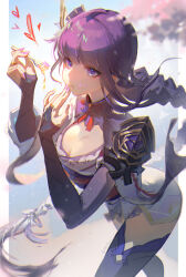 Rule 34 | 1girl, absurdres, armor, artist name, blue pupils, blue sky, blunt bangs, blurry, blurry background, bow, braid, breasts, bridal gauntlets, cherry blossoms, chewing, cleavage, clothing cutout, commentary request, eating, fan hair ornament, flower ornament, food, food on face, fork, from above, from side, genshin impact, gradient hair, hair flowing over, hair ornament, hair ribbon, hand on own chin, heart, highres, holding, holding fork, japanese clothes, kimono, large breasts, leaning forward, long braid, meicai, multicolored eyes, multicolored hair, neck ribbon, no mole, off shoulder, outdoors, purple eyes, purple hair, purple kimono, purple nails, purple ribbon, purple thighhighs, raiden shogun, red bow, red sash, ribbon, sash, shade, shoulder armor, shoulder cutout, single braid, sky, solo, standing, thighhighs, thighs, tree, twitter username, walking