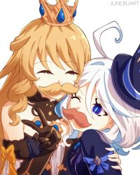 2girls ^_^ absurdres ahoge artist_name bare_shoulders black_gloves blonde_hair blue_eyes blue_pupils closed_eyes commentary crown drop-shaped_pupils english_commentary facial_hair fake_facial_hair fake_mustache furina_(genshin_impact) genshin_impact gloves hand_on_another&#039;s_arm hand_up highres junebuart long_hair mini_crown multiple_girls mustache navia_(genshin_impact) one_eye_closed simple_background symbol-shaped_pupils v very_long_hair white_background
