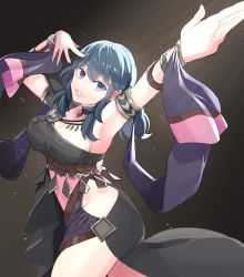 1girl absurdres alternate_costume arm_up armlet bare_shoulders blue_eyes blue_hair breasts female_byleth_(fire_emblem) cleavage commentary_request dancer dancer_(fire_emblem:_three_houses) dancer_outfit dress fire_emblem fire_emblem:_three_houses gem haruteke highres jewelry large_breasts looking_at_viewer medium_hair nintendo outstretched_arm outstretched_hand parted_lips shawl single-shoulder_dress smile solo standing