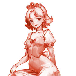 1980s_(style) 1girl :d back_bow bow breasts choker collarbone covered_navel dragon_quest dragon_quest_ii elbow_gloves flipped_hair gloves hair_intakes highres minamoto80486 monochrome oldschool open_mouth princess princess_of_samantoria puffy_short_sleeves puffy_sleeves red_theme ringed_eyes short_hair short_sleeves simple_background small_breasts smile solo tiara white_background