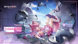 1girl animal_ears arm_garter artist_request book_of_yog bow breasts bridal_gauntlets character_name cloud copyright_notice footwear_bow hair_bow heart highres logo long_hair official_art open_mouth pink_bow pink_hair pink_pupils pink_shoes pink_skirt purple_eyes sasha_luo_(book_of_yog) shoes single_shoe skirt sky spoken_heart tail tentacles thighhighs torn_clothes torn_thighhighs unworn_shoes white_bridal_gauntlets