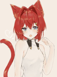 1girl :o ange_katrina ange_katrina_(1st_costume) animal_ear_fluff animal_ears armpit_crease ayuko_ammobium bare_arms bare_shoulders blue_eyes blush breasts cat_ears cat_tail collared_dress commentary_request dot_nose dress gradient_eyes hair_between_eyes hair_intakes hair_ornament halter_dress halterneck hand_up heart highres kemonomimi_mode light_blush looking_at_viewer medium_hair multicolored_eyes nijisanji nose_blush open_mouth paw_pose pink_background pink_eyes red_hair red_tail sleeveless sleeveless_dress small_breasts solo tail triangle_hair_ornament upper_body virtual_youtuber white_dress