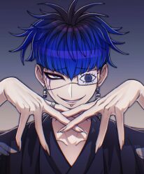 black_hair blue_background blue_eyes blue_hair collarbone ear_piercing earrings eyebrow_piercing eyepatch face_piercing fingernails gradient_background grey_background grin hair_between_eyes hands_up highres japanese_clothes jewelry lip_piercing looking_at_viewer messy_hair omokage_yugamu one_eye_covered piercing simple_background smile teeth the_hundred_line_-last_defense_academy- upper_body