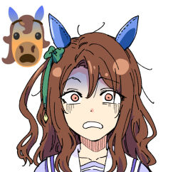 1girl animal_ears ear_covers emoji horse horse_ears horse_girl king_halo_(umamusume) looking_at_viewer red_eyes school_uniform solo surprised taguchi_kenji_(omaep) tracen_school_uniform umamusume white_background