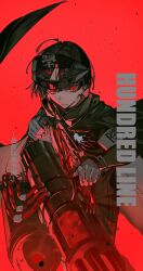 1boy absurdres armband black_hair black_pants cape copyright_name cowboy_shot facial_mark forehead_mark gakuran gatling_gun gloves gun headgear highres holding holding_gun holding_weapon hole_in_chest hole_on_body last_defense_academy_school_uniform looking_at_viewer male_focus maruko_gaku minigun mura_karuki pants red_background red_eyes school_uniform short_hair simple_background solo the_hundred_line_-last_defense_academy- weapon white_armband white_gloves