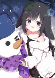 1girl absurdres animal_ears bare_shoulders black_dress black_hair blue_eyes blush bucket camisole carrot clover clover_hair_ornament collarbone commission dress four-leaf_clover four-leaf_clover_hair_ornament fur-trimmed_jacket fur_trim hair_ornament highres jacket long_hair long_sleeves looking_at_viewer off_shoulder open_clothes open_jacket open_mouth original outdoors puffy_long_sleeves puffy_sleeves rabbit_ears rabbit_girl rabbit_tail scarf shiro9jira skeb_commission smile snow snowing snowman solo spaghetti_strap strap_slip tail very_long_hair white_jacket winter