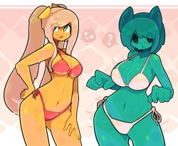 2girls :d :o ? ?? aqua_hair aqua_skin armpits bare_shoulders bikini blonde_hair borrowed_character breasts cleavage collarbone colored_skin colored_tongue commentary contrapposto cowboy_shot dark-skinned_female dark_skin english_commentary freckles gluteal_fold groin groin_tendon hair_ornament hand_on_own_hip highres invei_(kurbiismind) large_breasts linea_alba long_hair long_sidelocks looking_at_viewer micro_bikini monster_girl movail2 multiple_girls navel no_pupils notice_lines open_mouth orange_tongue original ponytail red_bikini short_hair sidelocks slime_girl smile solid_oval_eyes spoken_smile stomach string_bikini swimsuit tongue twidge_(kurbiismind) underboob very_long_hair very_long_sidelocks white_bikini wide_hips