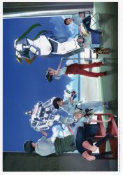 2boys 4girls absurdres yukifune_airi antenna_hair armpits belt black_belt black_bow black_hair black_shoes blonde_hair blue_hoodie blue_skirt blue_sky blue_socks bottle bow breast_pocket brown_hair brown_shoes cable cart catching chair chuo_tanegashima_high_school_uniform cloud cloudy_sky collared_shirt concrete cooler crossed_legs daitoku_junna day dougi drink everyone exhausted exif_rotation fingerless_gloves folding_chair formal_clothes from_behind fukuda_tomonori furrowed_brow glasses gloves green_pants green_sash green_scarf green_suit grey_hair gunbuild-1 hair_bow hat hidaka_subaru high_ponytail highres hood hooded_jacket hoodie horizon jacket karate karate_gi kneehighs koujiro_frau laces leaning_forward loafers long_hair lying mecha miniskirt multiple_boys multiple_girls obi official_art on_back open_mouth outdoors pants peaked_cap pillar pink_shirt pleated_skirt pocket ponytail ponytail_with_braided_base pulling_own_clothes purple_shoes red_eyes red_hair red_shirt red_shoes red_suit red_undershirt robot robotics;notes sailor_collar sash scarf school_uniform senomiya_akiho shadow shirt shoes short_hair sidelocks single_sidelock sitting skal skirt sky sleeves_rolled_up sleeves_tied_together sneakers socks standing suit surprised sweat sweatdrop t-shirt tanegashimachine-3 thighs tied_sleeves tongue tools towel towel_around_neck twintails undershirt very_long_hair white_gloves white_hat white_jacket white_pants white_shirt winter wiping_sweat wire working yashio_kaito