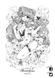 1girl absurdres apron barefoot bell bowl bra breasts character_name chopsticks cleavage collarbone copyright_name double_bun facebook_logo food frilled_apron frills garter_belt greyscale hair_bell hair_bun hair_ornament heart highres holding holding_bowl holding_chopsticks lace lace-trimmed_bra lace_trim lingerie long_hair monochrome noodles one_eye_closed open_mouth ramen ranma_1/2 shampoo_(ranma_1/2) signature solo steam toes twitter_logo underwear zanael
