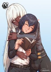 1boy 1girl ^_^ absurdres androgynous belt black_pants blue_background blue_hair blunt_ends book brigitta_(metaphor:_refantazio) chuckuddin closed_eyes closed_mouth commentary dark-skinned_female dark_skin eyelashes gradient_background grey_shirt heart hetero high-waist_pants highres holding holding_book hug hug_from_behind long_hair looking_at_viewer metaphor:_refantazio open_book pants patreon_username protagonist_(metaphor:_refantazio) shirt short_hair signature smile squiggle symbol-only_commentary twitch_username twitter_username very_dark_skin white_hair