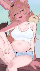 Rule 34 | 1girl, animal ears, belly, bloated, blonde hair, blue shorts, breasts, cleavage, closed eyes, collarbone, crop top, denim, denim shorts, fingernails, food, food on face, fox ears, fox girl, fox tail, hair between eyes, highres, hololive, knee up, long hair, midriff, multicolored hair, nail polish, navel, omaru polka, open mouth, pink streaks, short shorts, shorts, sitting, skindentation, smile, solo focus, streaked hair, tail, tank top, torn clothes, torn shorts, virtual youtuber, white tank top, yuuppi, zain (omaru polka)