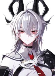 1girl absurdres armor black_choker black_eyes black_gloves black_horns breastplate breasts choker collared_shirt commentary curled_horns earrings ego_(ego_inp) eye_mask gloves hair_between_eyes highres holding holding_mask horns jewelry key_earrings large_breasts looking_at_viewer mask multicolored_eyes necktie red_eyes red_necktie shirt simple_background solo two-tone_eyes white_background white_shirt wuthering_waves zani_(wuthering_waves)