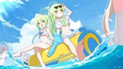 barefoot bikini blue_archive blue_jacket blue_sky blush closed_mouth cloud cloudy_sky commentary_request eyewear_on_head fang feet frilled_bikini frills green_hair green_halo hair_between_eyes halo highres hikari_(blue_archive) jacket loli long_hair navel nozomi_(blue_archive) ocean off_shoulder open_mouth pointy_ears siblings sisters skin_fang sky soles su_suki03 sunglasses swimsuit toes twins twintails very_long_hair water white_bikini yellow_eyes