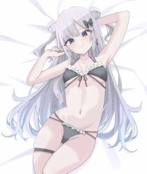 1girl arm_behind_head arm_up armpits bed_sheet bikini black_bow blue_eyes blunt_bangs bow breasts cleavage closed_mouth commentary double_bun dreamoon earrings frilled_bikini frills front-tie_bikini_top front-tie_top grey_hair hair_bow hair_bun hand_up has_bad_revision has_cropped_revision highres jewelry kaga_sumire kaga_sumire_(summer_c102) long_hair looking_at_viewer lying medium_breasts multi-strapped_bikini_bottom multi-strapped_bikini_top navel necklace official_alternate_costume on_back parted_bangs side_up_bun single_earring smile solo swimsuit thigh_strap two_side_up very_long_hair virtual_youtuber vspo!