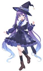 1girl :d black_hat black_socks blue_hair blush bond_en bondlive bow brown_shoes dress frilled_dress frills full_body gradient_hair hair_between_eyes hair_bow hat hibiscus_black long_hair long_sleeves looking_at_viewer multicolored_hair official_art open_mouth puffy_long_sleeves puffy_sleeves purple_bow purple_dress purple_eyes purple_hair shoes simple_background smile socks solo teeth tongue transparent_background twintails upper_teeth_only very_long_hair virtual_youtuber witch_hat