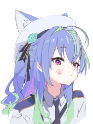 1girl absurdres animal_ears black_necktie blue_hair cat_ears cat_girl closed_mouth collared_shirt commentary_request expressionless facial_tattoo green_hair hat highres kemonomimi_mode long_hair looking_at_viewer mole mole_under_eye multicolored_hair nanashi_inc. necktie ougimaneki paw_tattoo shirt sidelocks simple_background solo suzumi_nemo suzumi_nemo_(3rd_costume) tattoo two-tone_hair virtual_youtuber white_background white_hat white_shirt