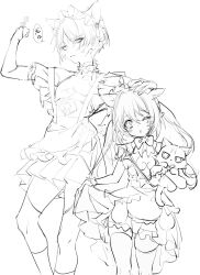 1boy 1girl ;o alternate_costume alternate_hairstyle anger_vein angry animal_ears apron blush bow bowtie bridal_gauntlets cat_ears censored censored_gesture character_doll compression_shirt cowboy_shot crossdressing disgust doll ears_down genshin_impact gloves greyscale hand_on_another&#039;s_head height_difference highres holding holding_doll holding_stuffed_toy kneehighs light_frown lineart maid_headdress middle_finger miniskirt monochrome nahida_(genshin_impact) one_eye_closed parted_lips pleated_skirt pointy_ears pottsness scaramouche_(cat)_(genshin_impact) scaramouche_(genshin_impact) short_hair shorts sketch skindentation skirt sleeveless socks strap stuffed_animal stuffed_cat stuffed_toy suspenders thighhighs turtleneck twintails waist_apron wolf_cut zettai_ryouiki