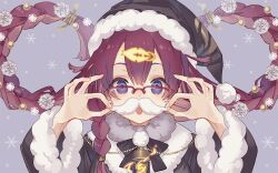 1girl blue_eyes christmas cross cross_necklace dorothy_(sinoalice) fake_facial_hair fake_mustache glasses grey_background hair_ornament hairclip hat jewelry kina_(446964) long_hair looking_at_viewer necklace open_mouth puffy_collar puffy_sleeves purple_hair ribbon santa_costume santa_hat sinoalice snowflakes