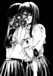 Rule 34 | 2girls, absurdres, ameishi, ballpoint pen (medium), black background, blunt ends, closed eyes, commentary request, flower, greyscale, hand on another&#039;s shoulder, highres, hug, monochrome, morning glory, multiple girls, original, pen (medium), pleated skirt, skirt, traditional media