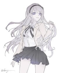 1girl black_bow black_skirt bow bowtie closed_mouth female_focus frown highres kashimiya_karua long_hair long_sleeves pink_eyes signature simple_background skirt solo standing the_hundred_line_-last_defense_academy- white_background white_hair