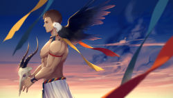 1boy animal animal_on_shoulder animal_skull bara bird bird_on_shoulder brown_hair eagle foreshortening highres holding holding_mask male_focus mask unworn_mask ninja_(yzpyn) nipples original pectorals short_hair sideburns skull_mask solo sunset toned toned_male topless_male tribal yzpyn
