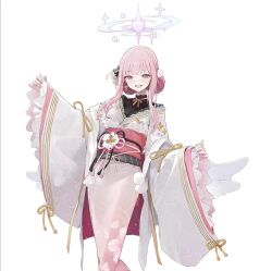 1girl :d alternate_costume alternate_hairstyle angel angel_wings arrow_cross black_bow black_undershirt blue_archive blue_halo blunt_bangs bow bow_earrings breasts cherry_blossom_print chinese_commentary cleavage commentary_request cross double_bun earrings feet_out_of_frame floral_print floral_print_kimono frilled_kimono frilled_sleeves frills furisode gradient_clothes gradient_halo gradient_kimono hair_bow hair_bun hair_ornament hair_up half_crown_braid halo hands_up japanese_clothes jewelry kimono lace lace-trimmed_kimono lace_trim long_sidelocks long_sleeves low_wings making-of_available merchandise_available mika_(blue_archive) modare multicolored_halo obi obijime open_mouth pink_hair pink_kimono pink_sash pom_pom_(clothes) pom_pom_hair_ornament print_kimono purple_halo ribbon-trimmed_sleeves ribbon_trim sash shirt side_ahoge sidelocks simple_background single_earring smile solo standing turtleneck turtleneck_shirt white_background white_kimono white_wings wide_sleeves wings yellow_eyes yellow_sleeves