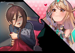 2girls blonde_hair brown_hair chest_jewel earrings elbow_gloves gloves headpiece hey_cre highres jewelry long_hair morag_ladair_(xenoblade) multiple_girls mythra_(xenoblade) pajamas stuffed_animal stuffed_toy swept_bangs tiara very_long_hair white_gloves xenoblade_chronicles_(series) xenoblade_chronicles_2 yellow_eyes