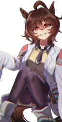 1girl agnes_tachyon_(umamusume) ahoge black_pantyhose black_shirt brown_hair chemical_structure coat collared_shirt earrings hair_between_eyes highres huge_ahoge jewelry lab_coat long_sleeves open_clothes open_coat pantyhose parted_lips red_eyes shirt shoes short_hair simple_background single_earring sleeves_past_fingers sleeves_past_wrists smile solo sui_sui0510 sweater umamusume w/b white_coat white_shoes wolf_cut yellow_sweater