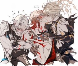 ... 3boys antenna_hair arm_hug arm_tattoo armor black_coat black_shirt blonde_hair blush braid chest_tattoo clawed_gauntlets coat cracked_skin crying dual_persona facial_tattoo french_kiss gold_necklace gradient_hair gyulseu hair_between_eyes halo halo_behind_head highres honkai:_star_rail honkai_(series) jewelry kiss medium_hair multicolored_hair multiple_boys mydei_(honkai:_star_rail) necklace netorare open_clothes open_coat pauldrons phainon_(honkai:_star_rail) red_hair red_tattoo shirt shoulder_armor side_braid simple_background single_pauldron spoken_ellipsis tattoo toned toned_male white_background white_coat white_hair yaoi yellow_blood yellow_eyes