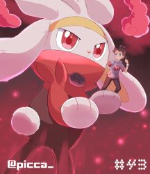 1boy antenna_hair artist_name blue_eyes clenched_hand clenched_teeth creatures_(company) dynamax_band game_freak gen_8_pokemon giant gigantamax goh_(pokemon) hair_ornament hands_up highres looking_to_the_side male_focus mei_(maysroom) nintendo pants pokemon pokemon_(anime) pokemon_(creature) pokemon_journeys raboot short_sleeves side_slit smile standing teeth watermark