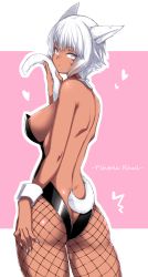 1girl animal_ears ass back bare_shoulders black_leotard breasts cat_ears cat_girl cat_tail dark-skinned_female dark_skin facial_mark final_fantasy final_fantasy_xiv fishnet_pantyhose fishnets grey_eyes highres kaname_nagi kittysuit large_breasts leotard looking_at_viewer looking_back nail_polish nontraditional_playboy_bunny pantyhose playboy_bunny short_hair simple_background solo tail white_hair white_nails wrist_cuffs y&#039;shtola_rhul