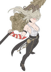 1girl absurdres arm_strap black_choker black_horns black_pants black_shoes blonde_hair breasts choker chucky_(chucky1000sun) closed_mouth collarbone commentary_request curled_horns greatsword high_heels highres holding holding_sword holding_weapon horns large_breasts long_hair looking_at_viewer mole mole_on_breast mole_under_eye muscular muscular_female necktie necktie_around_wrists pants red_necktie shirt shirt_tucked_in shoes simple_background solo sword torn_clothes torn_shirt unfinished weapon white_background white_shirt wuthering_waves zani_(wuthering_waves)