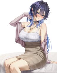 1girl absurdres alternate_costume bed_sheet black_collar black_hair blonde_hair blue_eyes blue_hair blush breasts brown_skirt camisole cardigan choker cleavage collar colored_inner_hair commentary double-parted_bangs gradient_hair grin hair_between_eyes hair_intakes hand_up high-waist_skirt highres hololive hololive_english jewelry large_breasts long_hair looking_at_viewer messy_hair miniskirt multicolored_hair necklace off_shoulder ouro_kronii pencil_skirt purple_cardigan ribbed_camisole samukzz sidelocks simple_background sitting skirt sleeves_past_wrists smile solo symbol-only_commentary tank_top virtual_youtuber white_background white_camisole