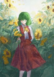 1girl arm_behind_back ascot closed_mouth collared_shirt commentary feet_out_of_frame flower ge_dazuo green_hair highres holding holding_flower kazami_yuuka long_sleeves plaid_clothes plaid_skirt plaid_vest red_skirt red_vest shirt short_hair skirt skirt_set smile solo standing sunflower touhou vest white_shirt yellow_ascot