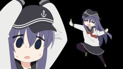 1girl akatsuki_(kancolle) anchor_symbol black_background black_pantyhose black_sailor_collar black_skirt blue_eyes bocchi_the_rock! commentary_request flat_cap full_body hat kantai_collection long_hair multiple_views neckerchief pantyhose parody pleated_skirt purple_hair red_neckerchief sailor_collar school_uniform serafuku skirt style_parody sugapi upper_body