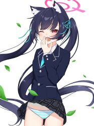 1girl ;o absurdres animal_ear_fluff animal_ears black_hair black_jacket black_skirt blue_archive blue_necktie blue_ribbon blush cameltoe cat_ears cat_girl clothes_lift collared_shirt commentary cowboy_shot extra_ears falling_leaves fang floating_hair hair_ribbon halo highres jacket leaf long_hair long_sleeves looking_at_viewer miniskirt necktie one_eye_closed open_mouth panda_90321 panties pantyshot pink_halo plaid_clothes plaid_skirt pleated_skirt red_eyes ribbon school_uniform serika_(blue_archive) shirt simple_background skin_fang skirt skirt_lift solo striped_clothes striped_panties twintails underwear very_long_hair white_background white_shirt wind wind_lift yawning
