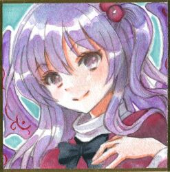 Rule 34 | 1girl, black bow, black bowtie, bow, bowtie, commentary request, dress, grey eyes, grey hair, hair bobbles, hair ornament, hajike akira, long sleeves, red dress, shinki (touhou), side ponytail, solo, touhou, touhou (pc-98), traditional media, upper body, wide sleeves