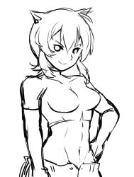 1girl abs animal_ears breasts crop_top drawfag female_focus ge-b greyscale groin hand_on_own_hip highres hip_focus kaibutsu_oujo lineart medium_breasts midriff monochrome navel riza_wildman short_hair solo unbuttoned