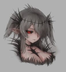 Rule 34 | 1girl, black collar, black lips, black sclera, black skirt, black souls, black souls 2, black wings, breasts, cleavage, closed mouth, collar, colored sclera, courtisane (black souls), ear piercing, grey background, grey hair, hair ornament, hair over eyes, hair over one eye, head wings, highres, looking at viewer, medium hair, mole, mole on breast, mole under mouth, nose, piercing, pointy ears, red eyes, short twintails, sidelocks, simple background, skirt, solo, twintails, wings, wrangelina