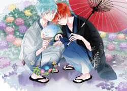 Rule 34 | 2boys, akashi seijuurou, black jacket, black sandals, blue eyes, blue hair, blue kimono, bush, carnation, closed mouth, collarbone, colored eyelashes, commentary request, day, expressionless, floral print, flower, full body, grey kimono, hair between eyes, halftone, halftone background, hand fan, hand on own knee, haori, head tilt, heads together, heterochromia, holding, holding fan, holding umbrella, jacket, japanese clothes, kimono, kuroko no basuke, kuroko tetsuya, light frown, long sleeves, male focus, michi (iawei), multiple boys, oil-paper umbrella, orange flower, outdoors, parted lips, pink flower, purple flower, red eyes, red hair, red umbrella, sandals, shadow, short hair, squatting, striped clothes, striped kimono, toenails, toes, tuanshan, umbrella, umbrella over shoulder, vertical-striped clothes, vertical-striped kimono, wide sleeves, yaoi, yellow eyes, yellow flower