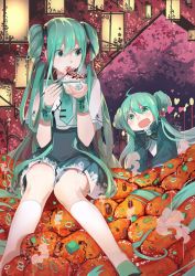 2girls absurdres bowl chibi chopsticks double_bun eating food green_eyes green_hair hair_bun hatsune_miku heart heart-shaped_pupils highres in_food kneehighs long_hair multiple_girls nail_polish necktie open_mouth rice shuno_(xiaonuo) sitting skirt socks steam symbol-shaped_pupils twintails very_long_hair vocaloid white_legwear