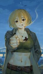 1girl abs azov_battalion belt bird blonde_hair bridge brown_hair cigarette crescent_moon crop_top cross cross_bracelet green_sports_bra grin highres holding holding_cigarette incoming_cigarette jacket kerch_bridge looking_at_viewer marichka midriff moon navel night open_clothes open_jacket original short_hair smile smoke smoke_trail smoking solo sports_bra toned tryzub ukrainian_flag usergore