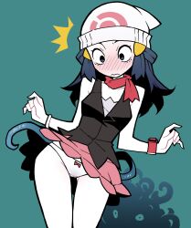 1girl akableak beanie black_eyes blue_background blush bow bow_panties breasts closed_eyes clothes_lift constricted_pupils dawn_(pokemon) hat highres long_hair miniskirt nintendo nose_blush panties pink_skirt pokemon pokemon_(creature) scarf simple_background skirt skirt_lift small_breasts tentacles underwear white_hat white_panties