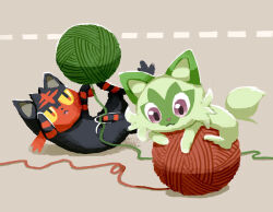 aruco_co brown_background closed_mouth colored_sclera commentary gen_7_pokemon highres litten nintendo no_humans pokemon pokemon_(creature) purple_eyes red_eyes sprigatito yarn yarn_ball yellow_sclera