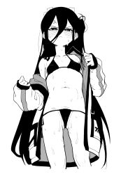 1girl anger_vein asahina_yoshitoshi bikini blue_archive blush closed_mouth cropped_legs flat_chest greyscale hair_between_eyes halo highres jacket kei_(blue_archive) long_hair looking_at_viewer monochrome navel open_clothes open_jacket partially_visible_vulva simple_background single_off_shoulder sleeves_past_wrists solo stomach swimsuit very_long_hair white_background
