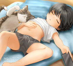 1boy black_hair black_shorts bulge cat cellphone closed_eyes commentary_request grey_eyes grey_fur holding holding_phone lying male_focus navel on_back original phone short_hair shorts shota sleeping smartphone solo toron_0812 watermark whiskers