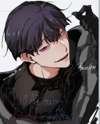 Rule 34 | 1boy, black gloves, black hair, black shirt, from above, gloves, highres, hoshina soshiro, kaijuu no. 8, looking at viewer, male focus, open mouth, purple eyes, purple hair, shirt, simple background, solo, teeth, tongue, unusually open eyes, upper body, white background, zeta (ace 343)