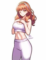 Rule 34 | 1girl, breasts, celica (fire emblem), cleavage, fire emblem, fire emblem echoes: shadows of valentia, highres, long hair, medium breasts, midriff, navel, nintendo, one eye closed, pants, princess, red eyes, red hair, rotomdocs, sports bra, sportswear, stomach, tiara, white sports bra, yoga pants